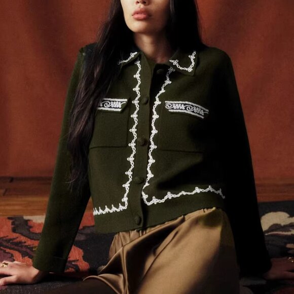 Sezane Jackets & Blazers - Gilet Betty Sezane x Baziszt Khaki Ecru Embroidery